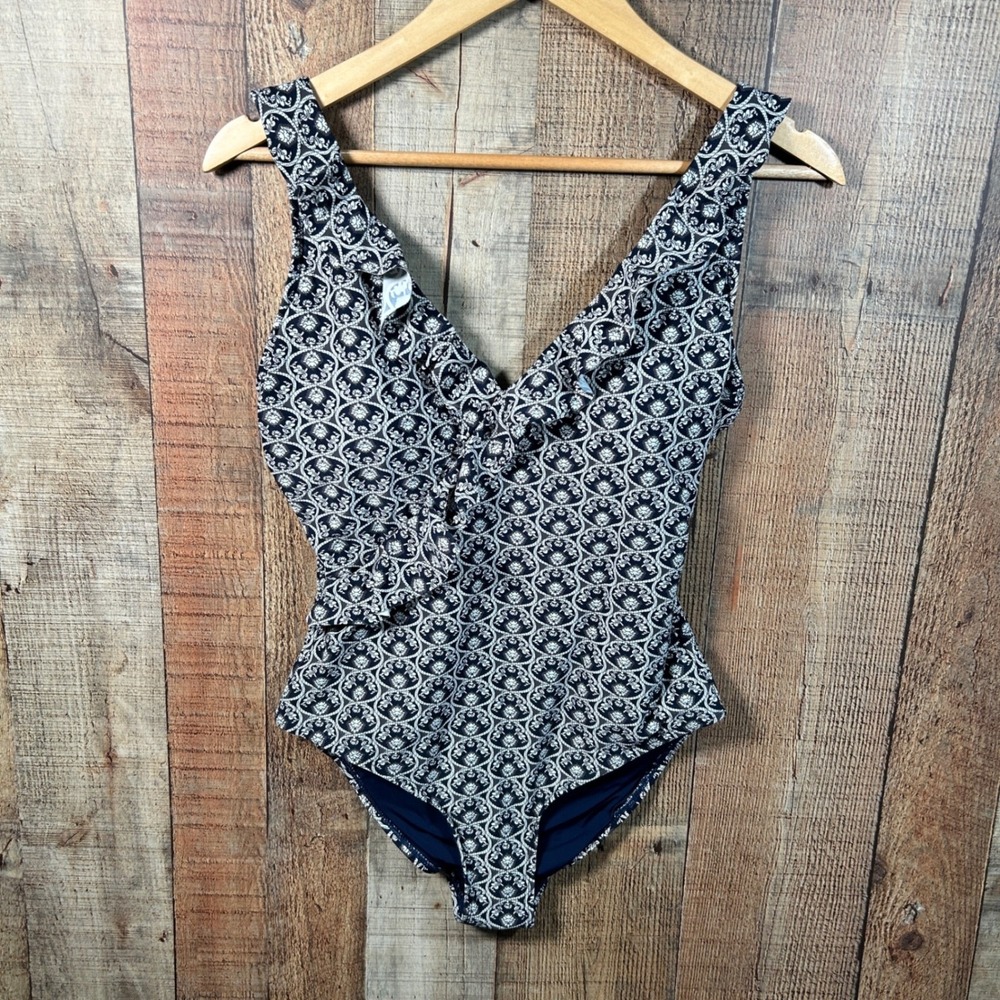 Niptuck Swim Navy Blue White Damask Ruffle One Piece Swimsuit Tummy Control 8